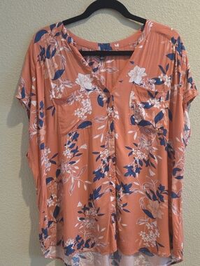 Torrid Orange Floral Button-Front Shirt with Navy & White Print